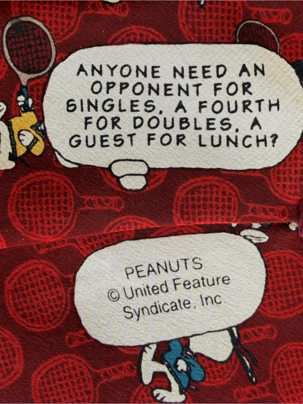Vintage Peanuts Snoopy Tennis Silk Necktie Burgundy Maroon Red Novelty Men's Tie
